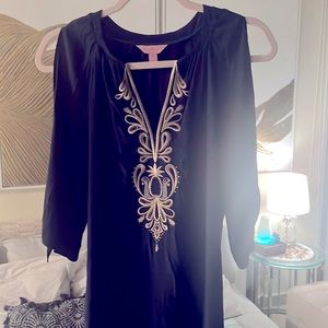 NWOT - ***STUNNING SILK NAVY LILLY DRESS WITH GOLD EMBROIDERY***